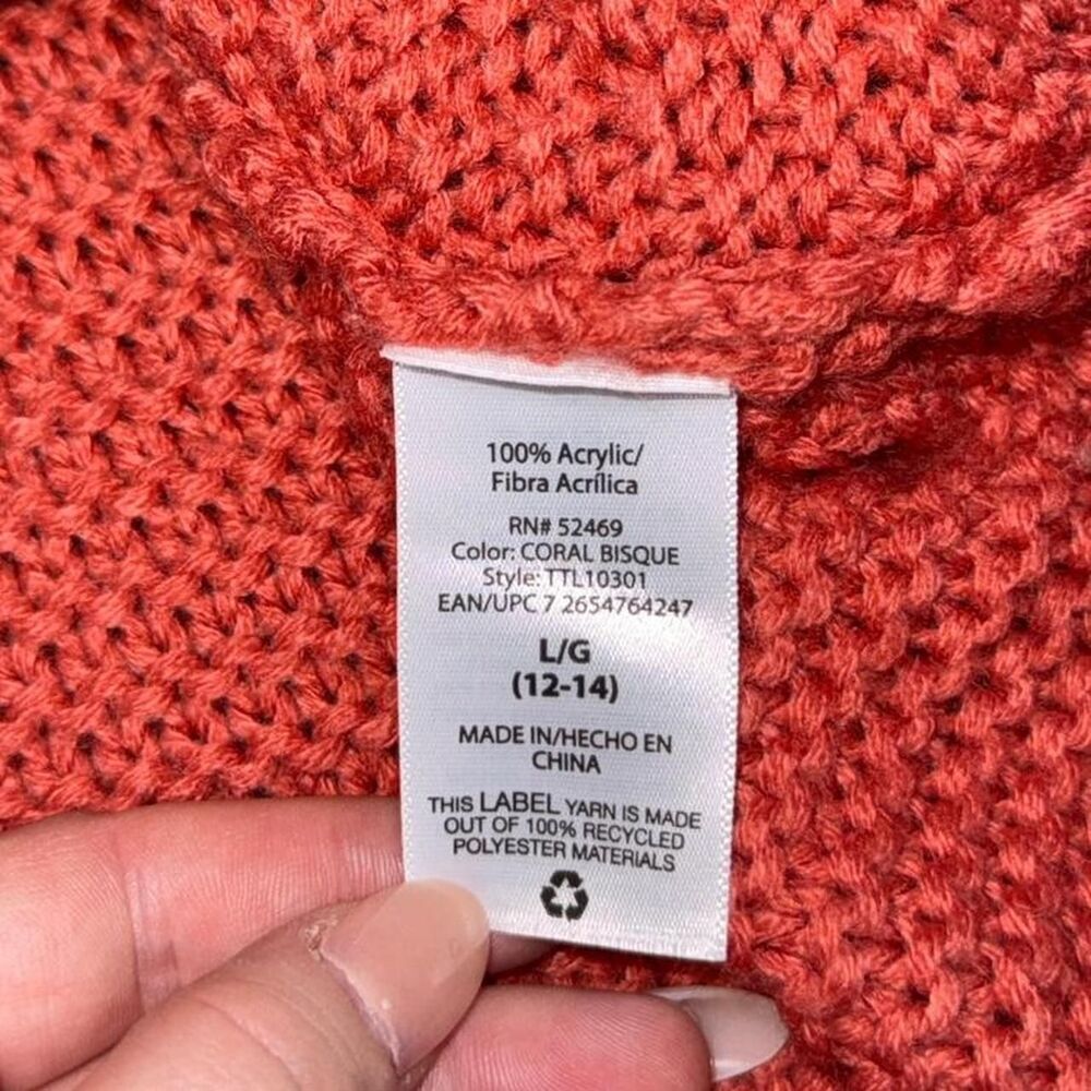 Salmon Coral Cable Knit Crewneck Sweater, Size Large - Picture 5 of 6